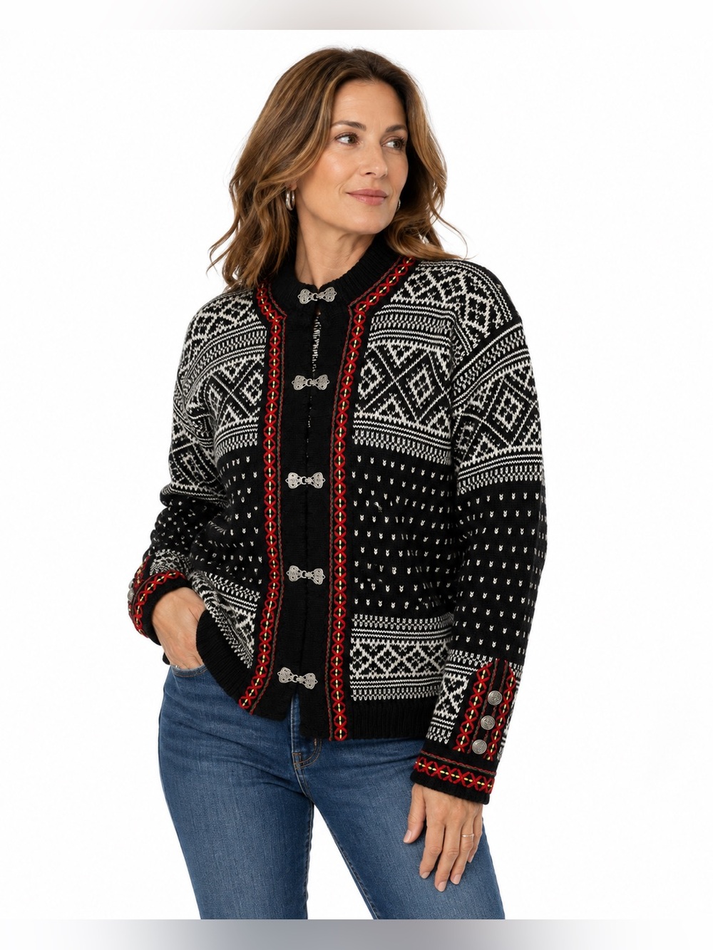 Vintage Dale of Norway Nordic Cardigan Metal Clasps Black Ivory (CKB090)